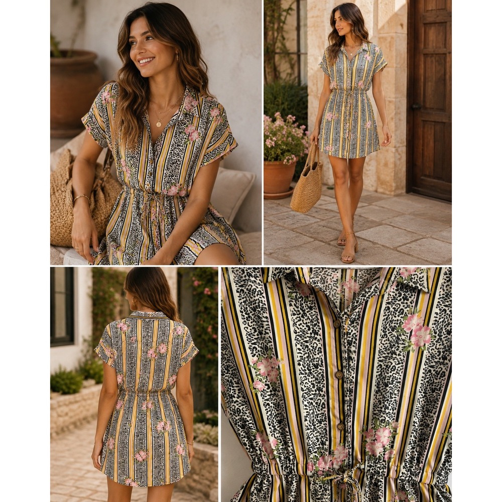 New Glory Womens Floral Leopard Stripe Shirt Dress Short Sleeve Button Up Medium